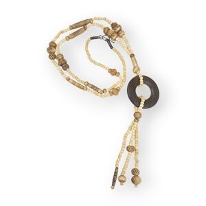 Vintage Beaded Tassel Necklace Brown Tan Wood Faux Bone Plastic Bead 30" Long